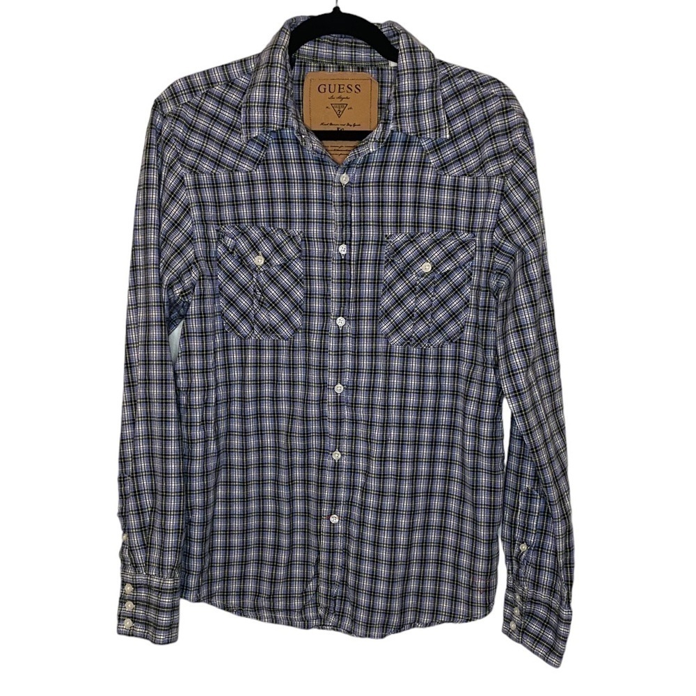 Guess Plaid Western Black Blue Green Button Up Cotton Shirt Long Sleeve